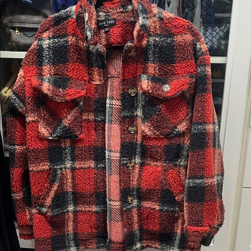 Love Tree Red and Black Plaid Sherpa Coat